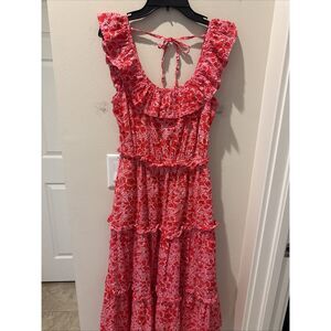 J. Crew Factory Midi Tiered Floral Dress Pink and White Swiss Dot Details Size 0